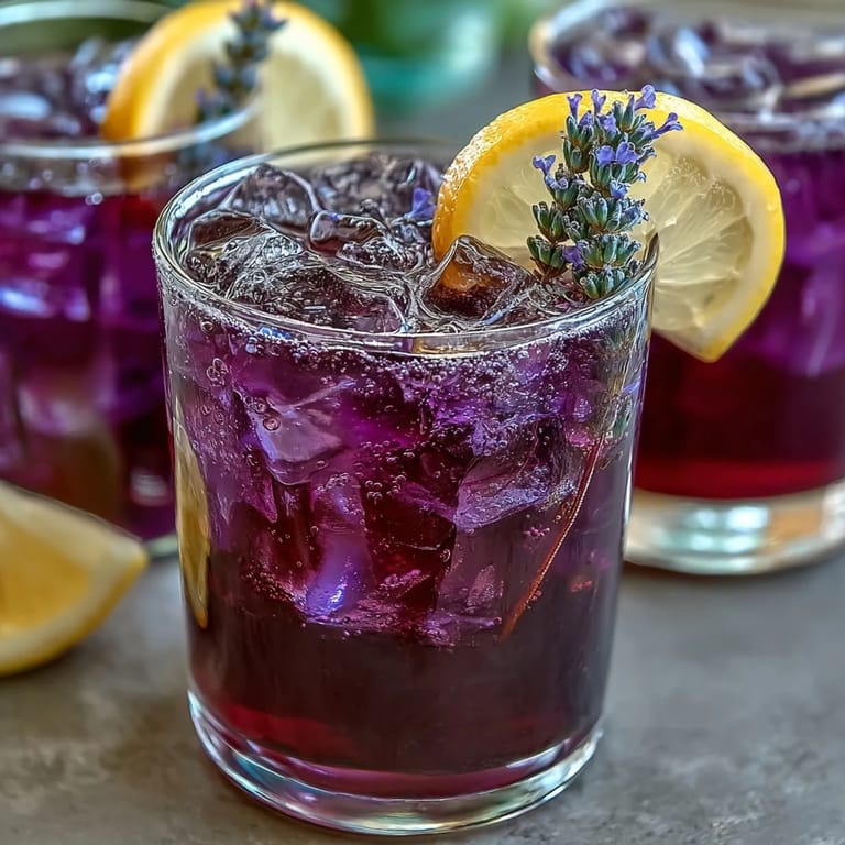 Vibrant purple lavender lemonade refresher bursting with fresh citrus flavor, floral lavender aroma, and a beautiful gradient color perfect for summer gatherings.
