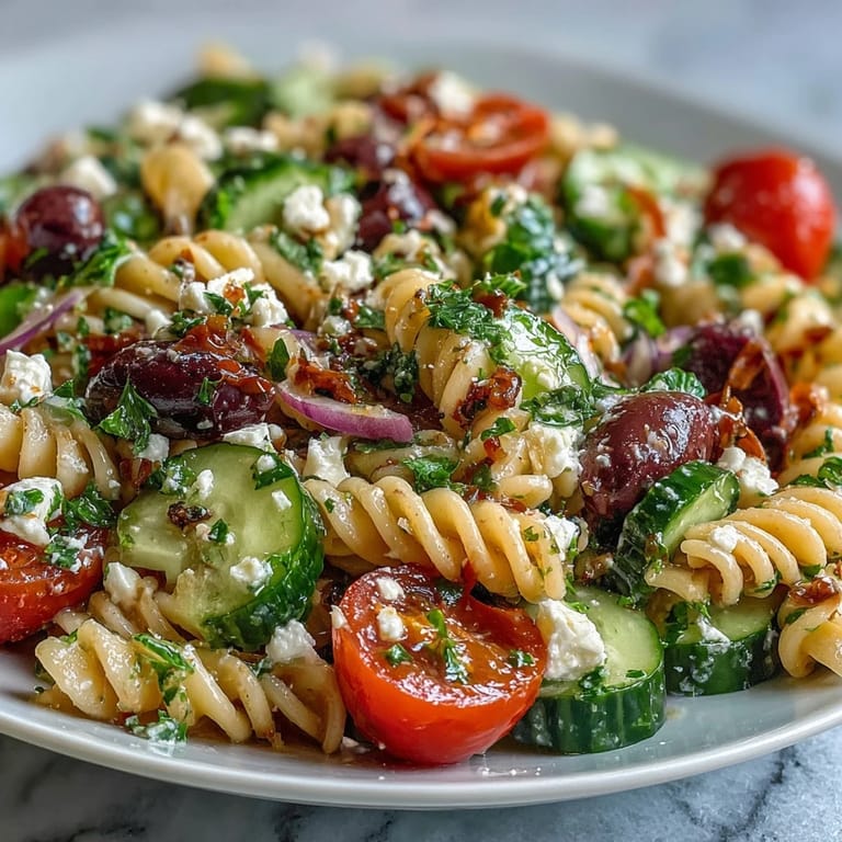 Refreshing Greek-style pasta salad with al dente noodles, juicy vegetables, and creamy feta—perfect for warm-weather gatherings.