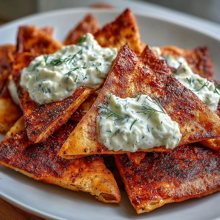 Freshly baked pita chips served alongside a bowl of chilled tzatziki for dipping.