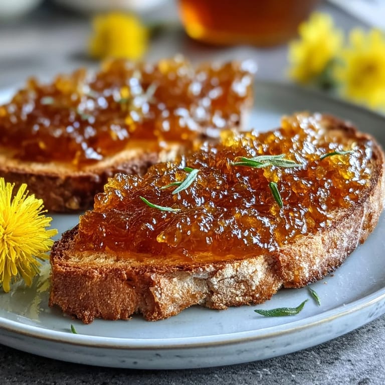 Floral dandelion jelly glistening in a glass jar, ideal for adding a sweet, delicate touch to toast.