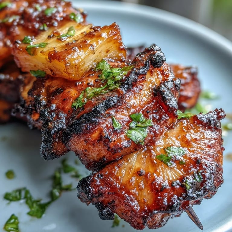 Smoky al pastor chicken skewers with bright, caramelized pineapple chunks.