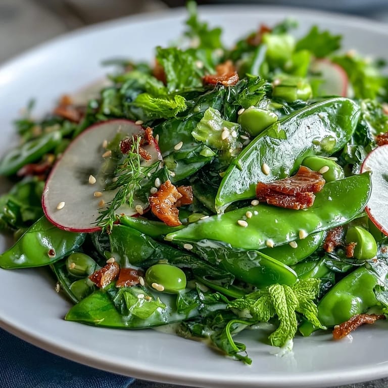 Freshly tossed Snap Pea and Radish Spring Salad with Tahini, ready to serve as a light lunch.