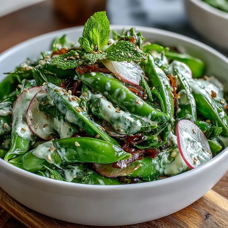 Bright and colorful Snap Pea and Radish Spring Salad with Tahini, topped with crunchy sesame seeds.