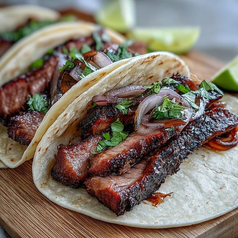 Juicy smoked brisket tacos with bright pickled red onion, ready for a festive meal.
