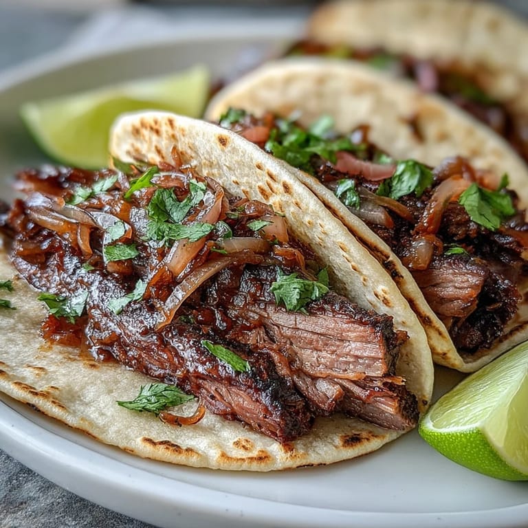 Delicious smoked brisket tacos showcasing tender meat and vibrant garnishes on warm tortillas.