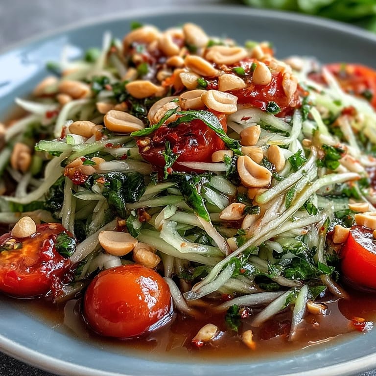 Som Tam featuring crisp papaya, juicy tomatoes, and crunchy peanuts.