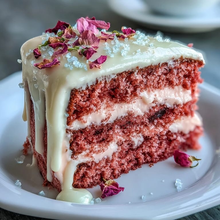 Decadent Rosé Velvet Cake artfully adorned with rich, shimmering gold frosting.