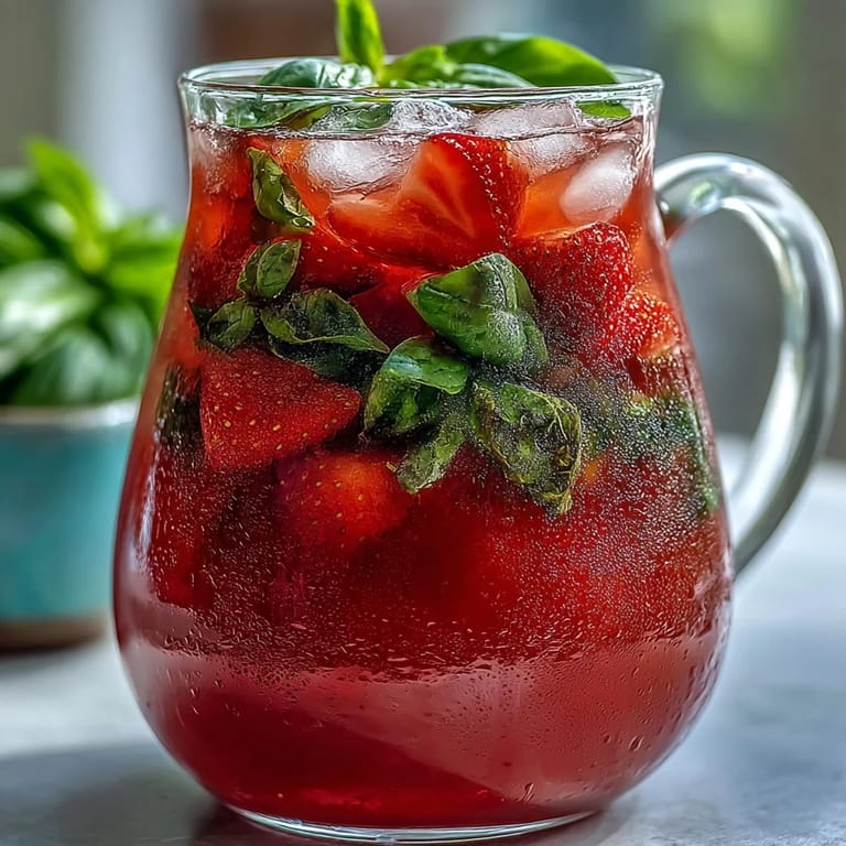 A pitcher of vibrant Strawberry Basil Lemonade, ready for a party.