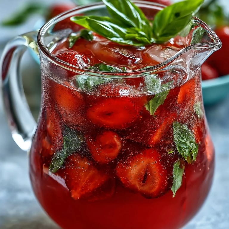 Close-up of a refreshing Strawberry Basil Lemonade pitcher, perfect for quenching thirst.