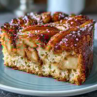 A slice of warm Baked Apple Cake on a plate, showing tender cinnamon-spiced apples nestled in golden cake, with a dusting of powdered sugar for a cozy breakfast treat.  