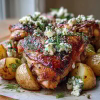 Golden-brown Roasted Chicken with Pot Potatoes, Lemon Herbs, and Feta rests beside buttery potatoes, lemon wedges, and fresh dill garnish.