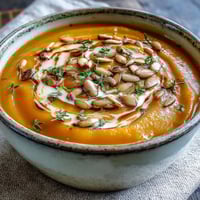 Creamy Butternut Squash and Apple Soup swirls in a bowl, garnished with thyme and pumpkin seeds, beside crusty bread.