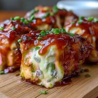 Freshly baked Buffalo Wing Poppers on a wooden board, with bubbling, spicy filling and chopped chives.
