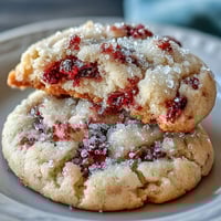 Glossy, sparkly Soft Chewy Raspberry Sugar Cookies with visible berry pieces on a baking sheet.