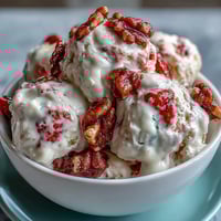Frozen Strawberry & Banana Yoghurt Clusters on a tray, showing creamy swirls studded with crisp fruit chips.