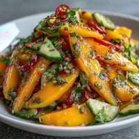 Vibrant slices of ripe mango mingle with crisp cucumber and red bell pepper in this Refreshing Mango Salad with Lime Dressing. Fresh cilantro leaves and optional chilies add bright color and a hint of spicy zing to the Thai-inspired lunch.  