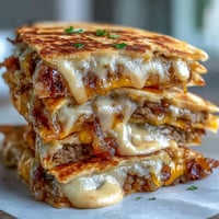 Golden-brown Cheesy Griddled Smashburger Quesadillas sliced into wedges on a wooden board, revealing melted cheddar and American cheese.