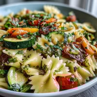 Spring Pasta Primavera with Fresh Veggies in a colorful skillet with vibrant vegetables and herbs.