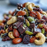 Homemade trail mix with dark chocolate, packed with crunchy almonds, cashews, and sweet dried fruit for a satisfying snack.