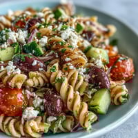 Vibrant summer pasta salad with Greek flavors, featuring tomatoes, cucumbers, olives, and feta in a tangy herb dressing.