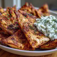 Crispy homemade pita chips with cool, creamy tzatziki dip — a refreshing Mediterranean snack.