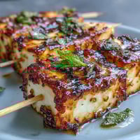 Golden grilled halloumi skewers with juicy watermelon on a barbecue plate.
