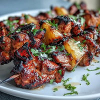Grilled chicken al pastor skewers with juicy pineapple, ready for the grill.