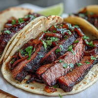 Smoked brisket tacos bursting with flavor, topped with tangy pickled red onion.